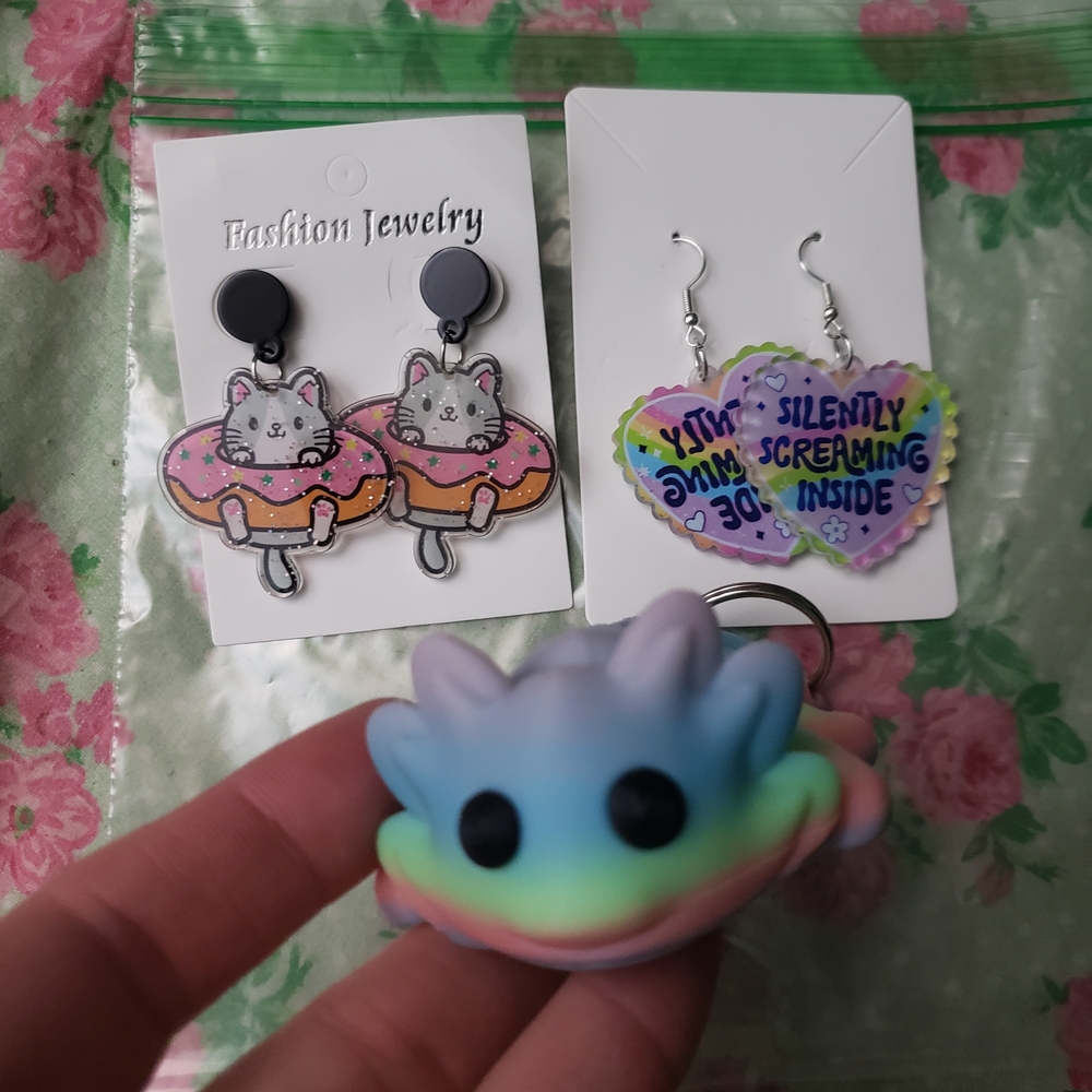 Cat Donut Earrings and Heart Earrings Set With 3D Printed  Keychain